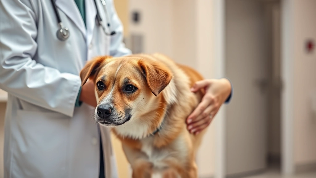 Veterinarian in white coat examining a medium-sized dog's abdomen during medical checkup, professional clinic environment, warm lighting, stethoscope visible