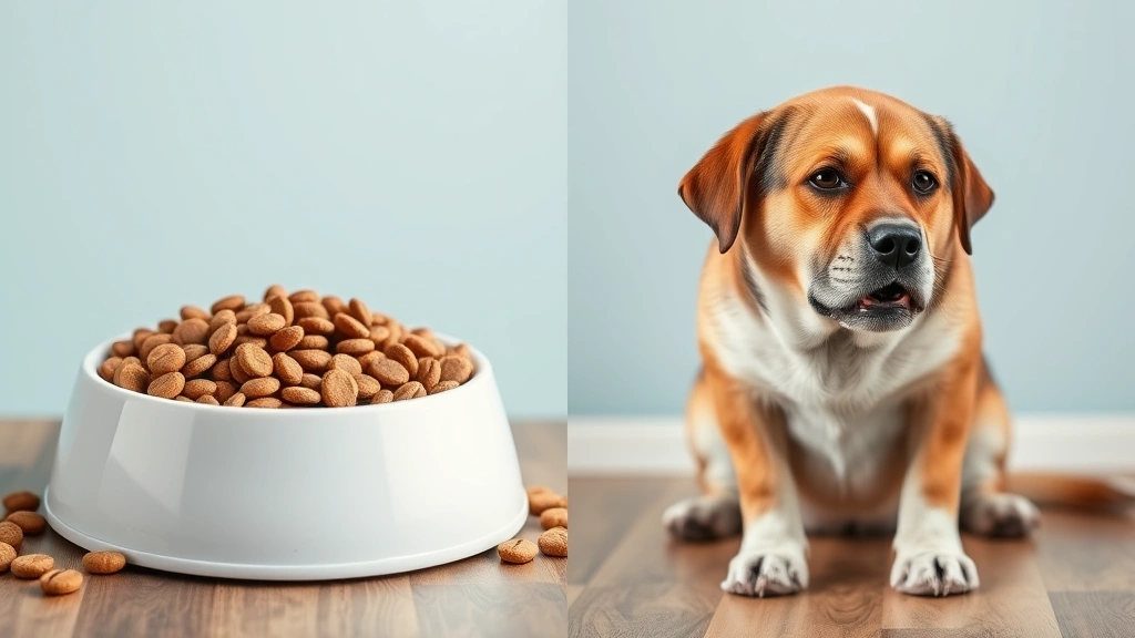 Split-screen showing healthy dog food bowl with premium kibble on left and upset dog with digestive issues on right, educational comparison style
