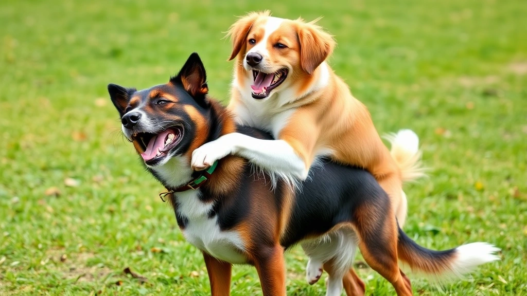 Two dogs playing together outdoors, female dog mounting male dog during playful interaction, grassy yard background, natural daylight, both dogs appear happy and engaged