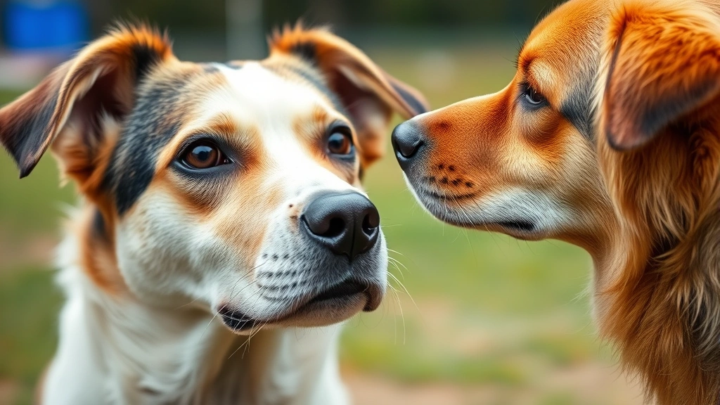 Close-up of female dog's face showing confident expression during social interaction with male dog, focused eyes, alert ears, natural dog park setting