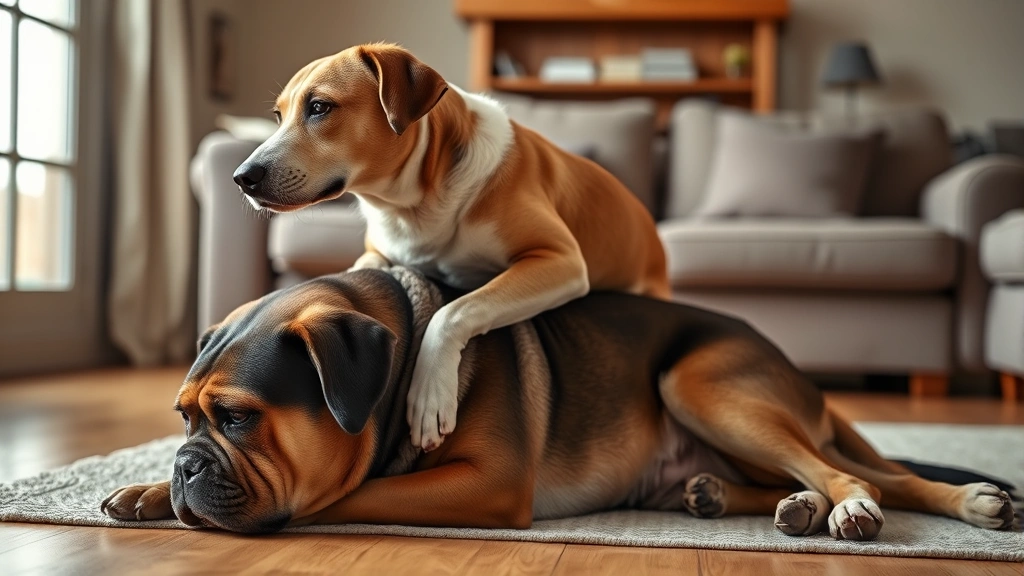 Two dogs in living room, female dog in mounting position on male dog, both appear calm and comfortable, soft home lighting, wooden floor visible