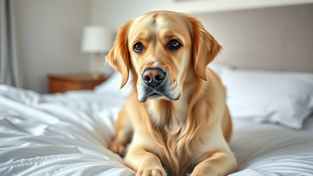 Golden Retriever sitting on white bed looking guilty and sad, natural bedroom lighting, close-up of dog's face showing concern