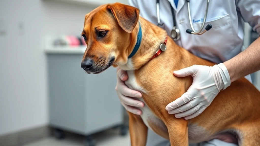 Veterinarian examining brown dog's abdomen during check-up, professional clinic setting, stethoscope visible, focused medical examination