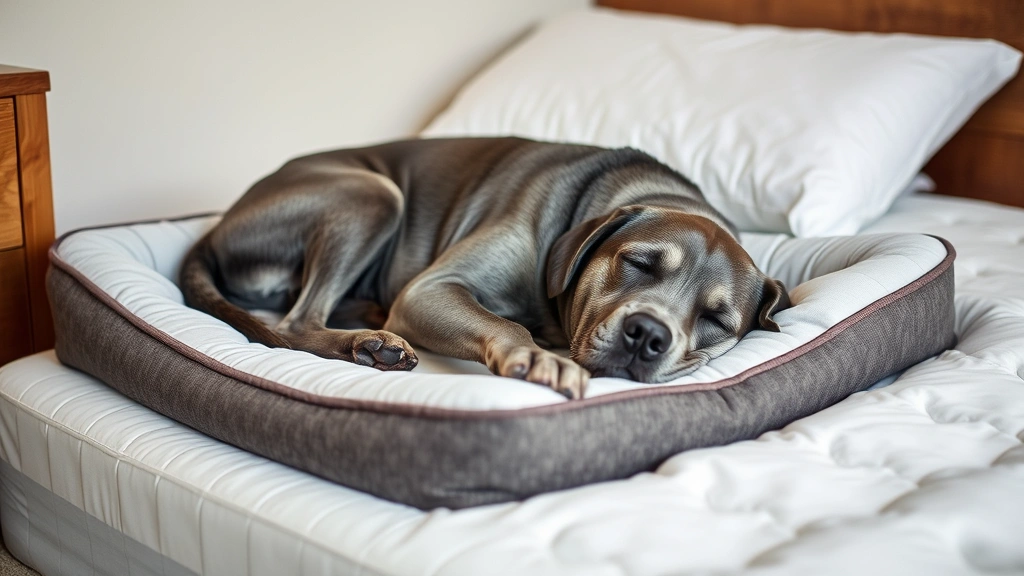 Senior gray-muzzled Labrador sleeping peacefully on orthopedic dog bed in bedroom corner, waterproof mattress protector visible, comfortable sleeping setup