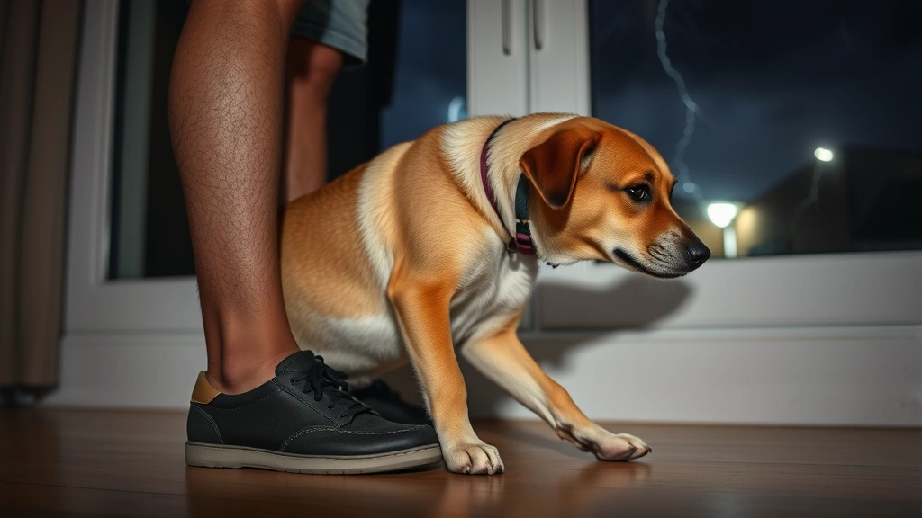 Anxious mixed breed dog pressed against owner's feet during thunderstorm, dark moody lighting visible through window, owner's calm posture reassuring the nervous dog
