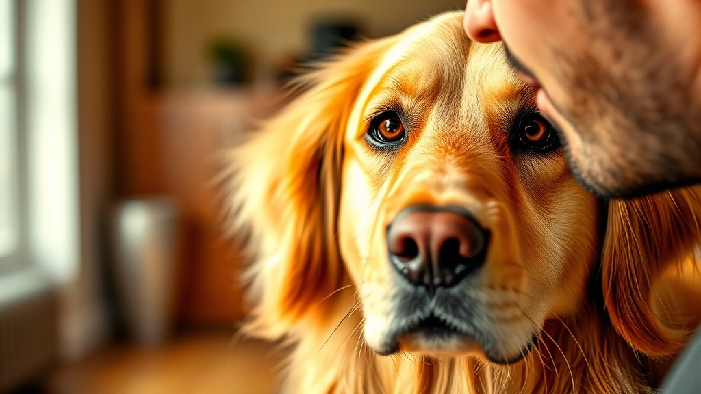Golden retriever with bright eyes looking lovingly at owner's face, warm indoor lighting, close-up portrait showing deep emotional connection and trust