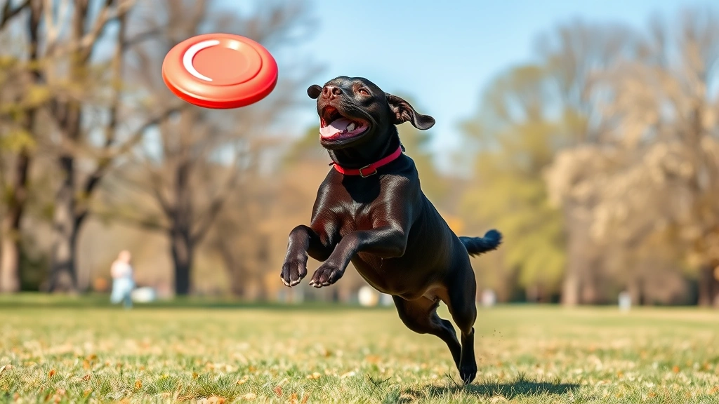 Energetic chocolate Labrador mid-jump catching frisbee in sunny park, athletic movement, joy and engagement, outdoor daytime setting