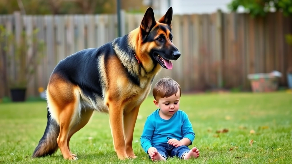 Large German Shepherd alert and protective standing beside seated child, gentle but watchful posture, backyard setting, demonstrating loyalty and security