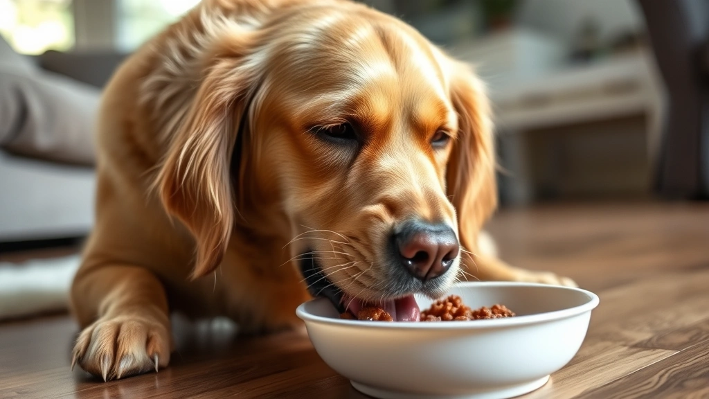 Golden Retriever vomiting into a bowl, distressed expression, indoor home setting, close-up side view, natural lighting
