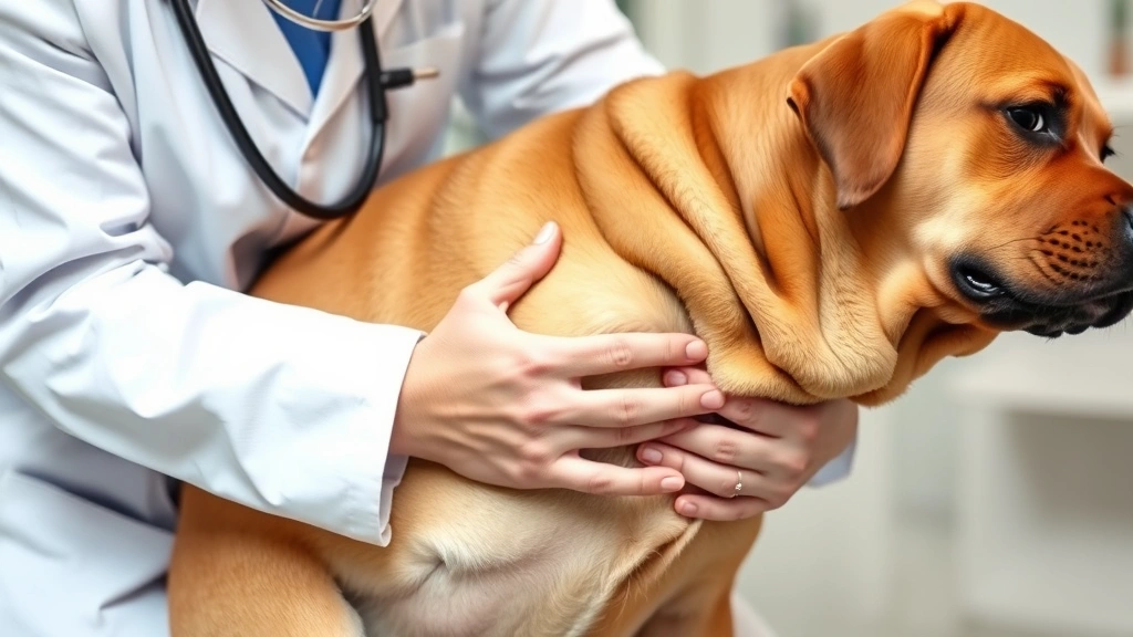 Veterinarian examining a sick Labrador's abdomen during checkup, stethoscope visible, professional clinic environment, caring hands