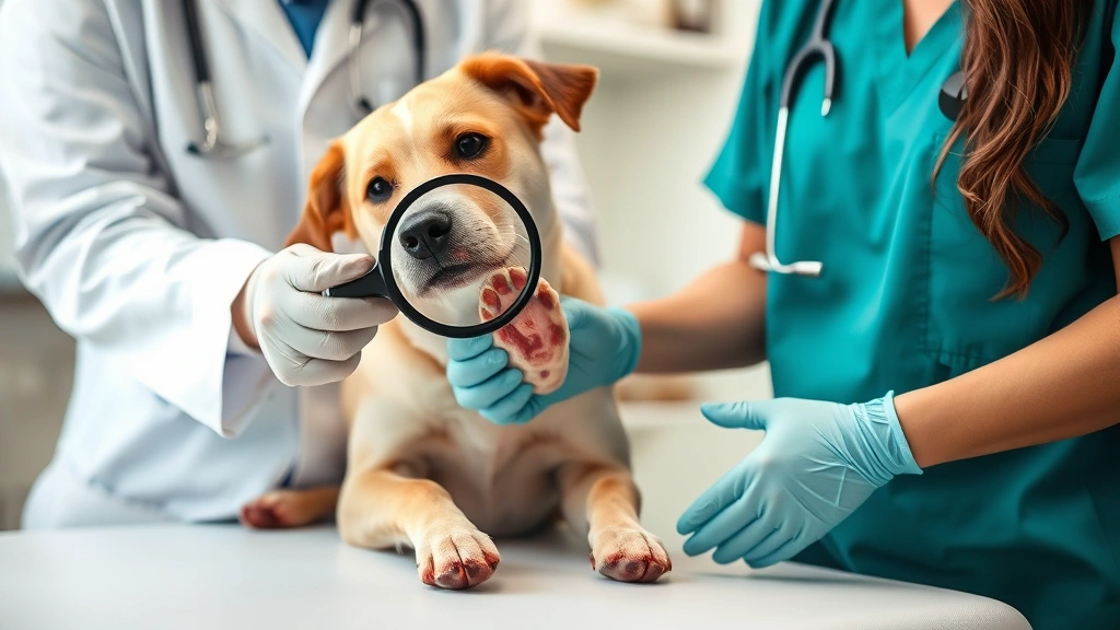Veterinarian examining dog's inflamed paw pad with magnifying glass in clinical setting, dog sitting calmly on examination table, professional medical environment