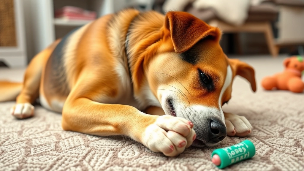 Anxious dog lying on floor obsessively licking its own foot, showing compulsive behavior, indoor home setting with toys nearby, capturing stress or boredom-related behavior