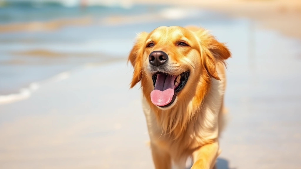 Golden Retriever with mouth open, panting heavily after running on sunny beach, tongue out, happy expression, natural lighting
