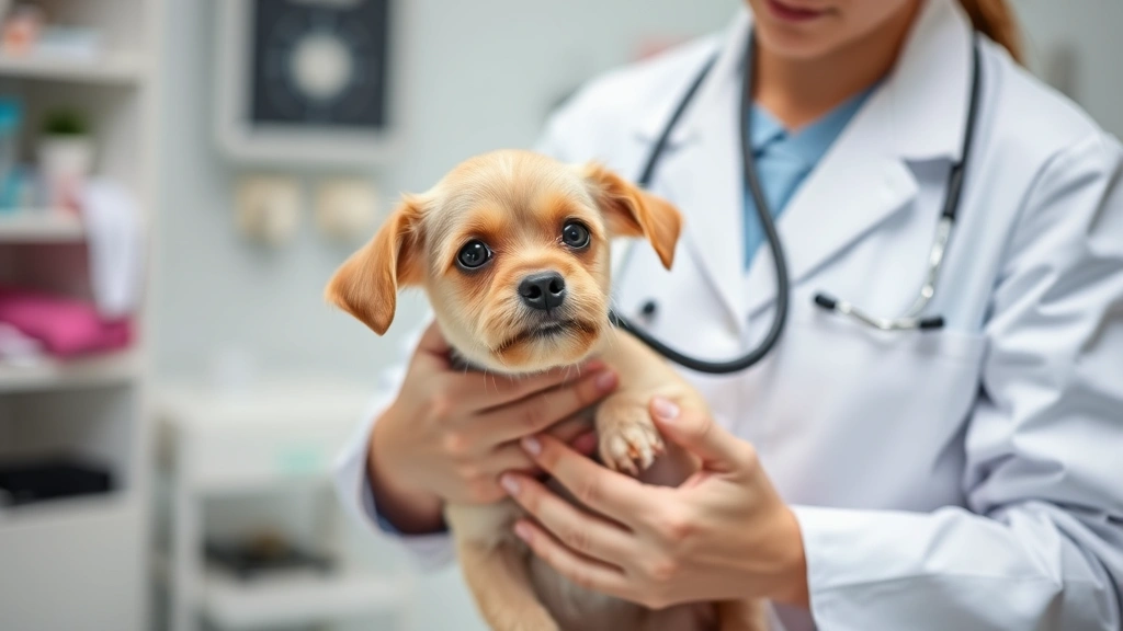 Veterinarian examining small dog's chest with stethoscope in clinical setting, professional vet clinic background, focused examination