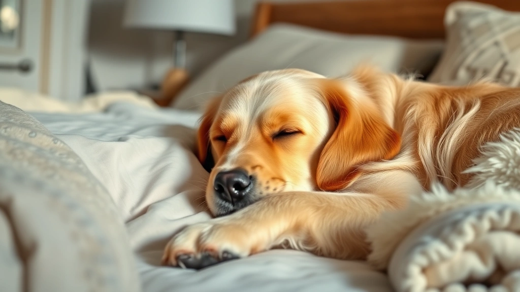 Golden Retriever sleeping peacefully on side with gentle chest rise, calm bedroom lighting, soft blanket nearby, photorealistic peaceful sleep scene