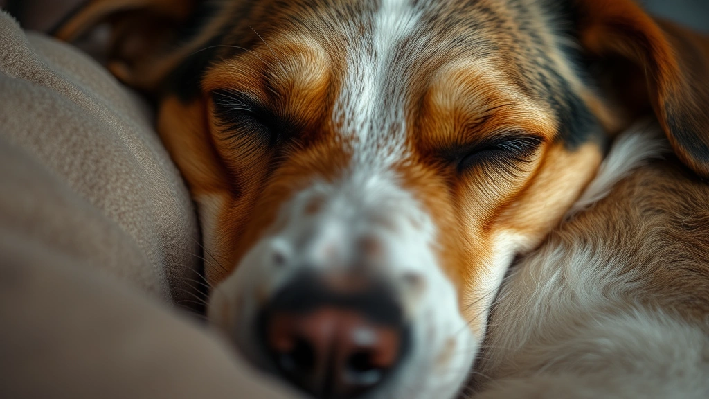 Close-up of sleeping dog's face and chest showing visible breathing motion during REM sleep, eyes moving under closed lids, dream state captured