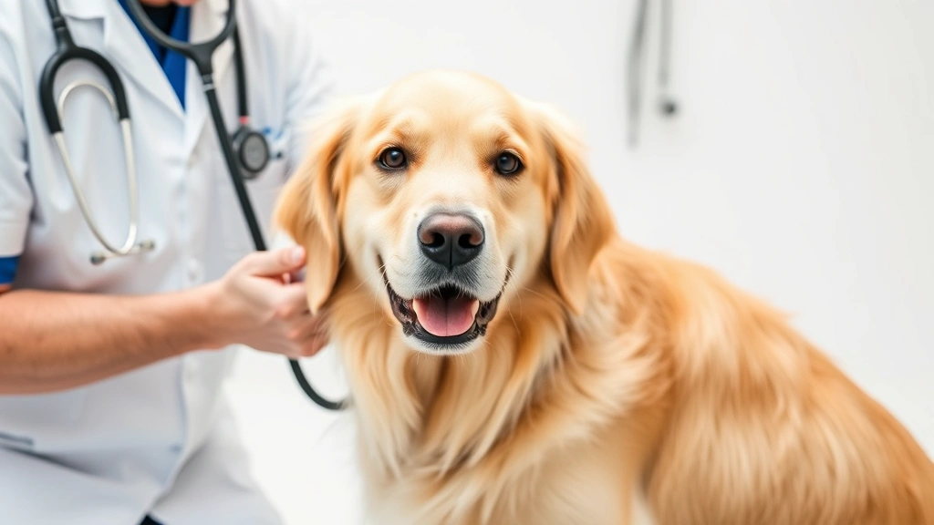 Golden Retriever in veterinary clinic during examination, vet listening with stethoscope to dog's chest, clinical white background, professional medical setting