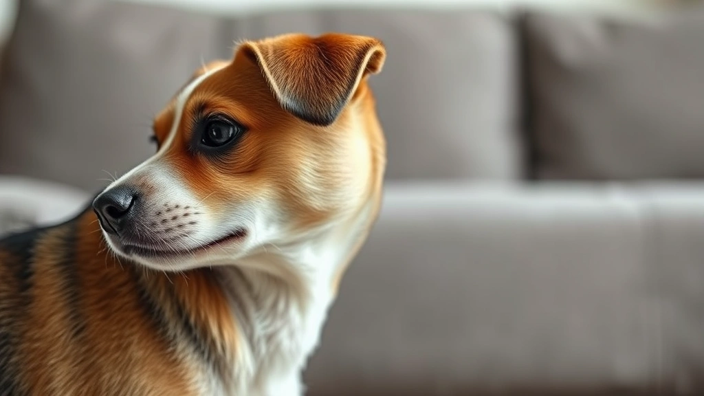 Close-up of small dog coughing, side profile, indoor home setting, couch background, realistic expression of discomfort