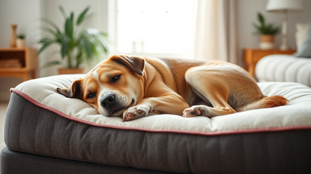 Senior dog resting on orthopedic bed, calm indoor environment, natural lighting through window, peaceful home setting, relaxed posture