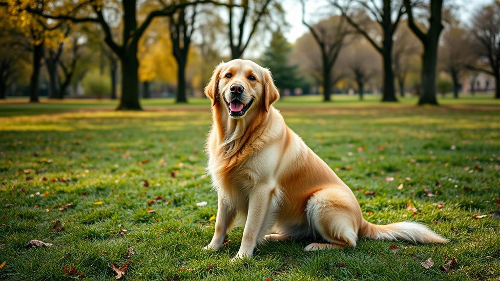 Golden Retriever sitting outdoors on grass in a park during daytime, looking alert and healthy, natural lighting, realistic photograph