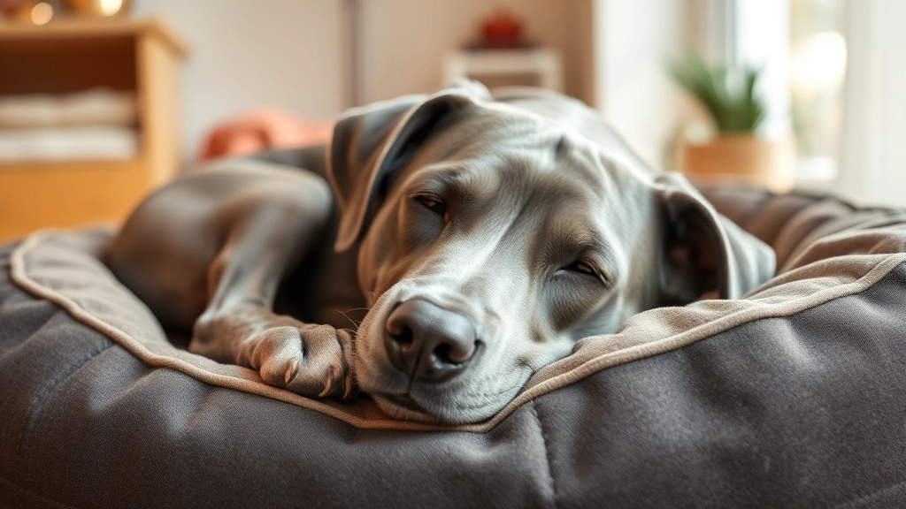 Senior gray dog resting on comfortable dog bed indoors, peaceful expression, warm home environment, professional pet photography