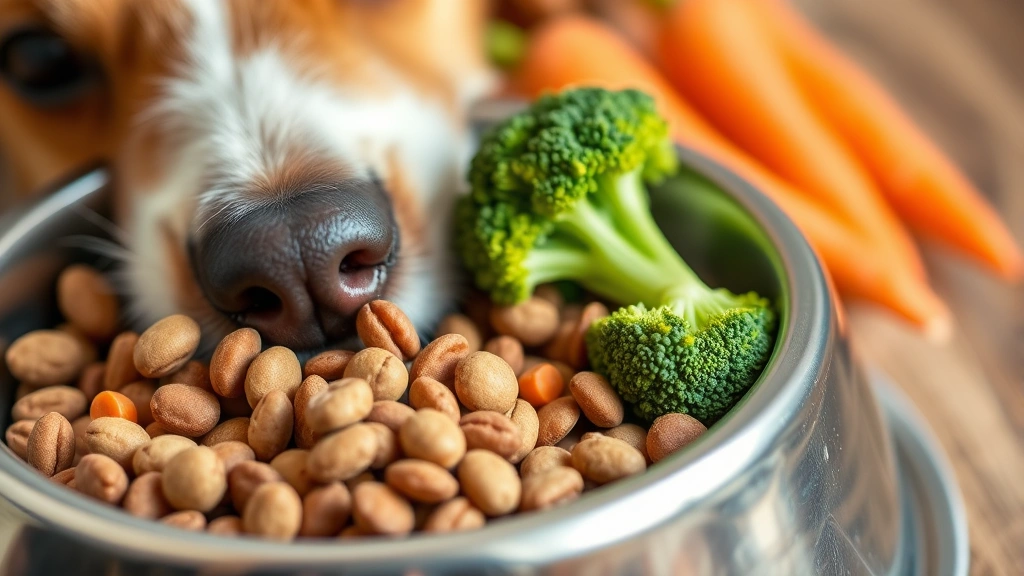 Close-up of dog's food bowl with kibble and fresh vegetables like carrots and broccoli, showing healthy dog nutrition options