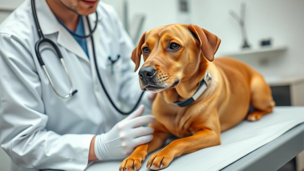 Veterinarian examining a brown dog on examination table with stethoscope, professional medical clinic setting, caring interaction