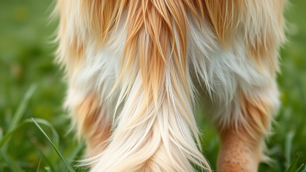 Close-up of dog's rear end in grass showing pale chalky stool texture, golden retriever, outdoor daylight, realistic fur detail