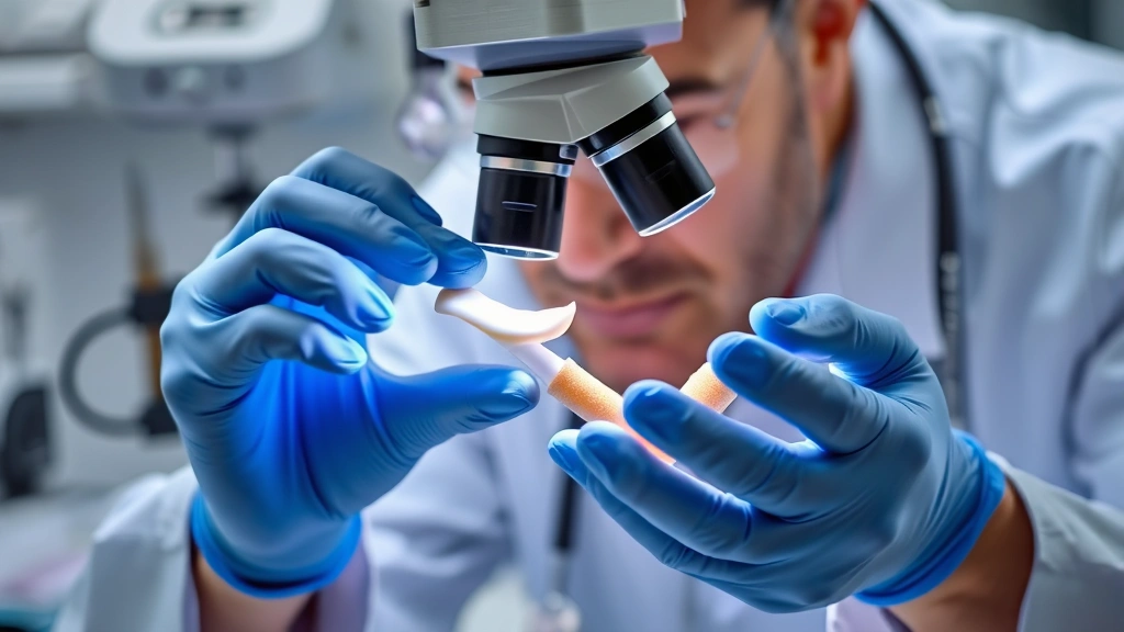 Veterinarian examining white stool sample in laboratory with microscope, professional clinic setting, hands with gloves, clinical precision