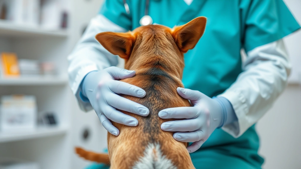 Veterinarian examining small brown dog's rear area during checkup, professional clinic environment, gentle hands-on examination