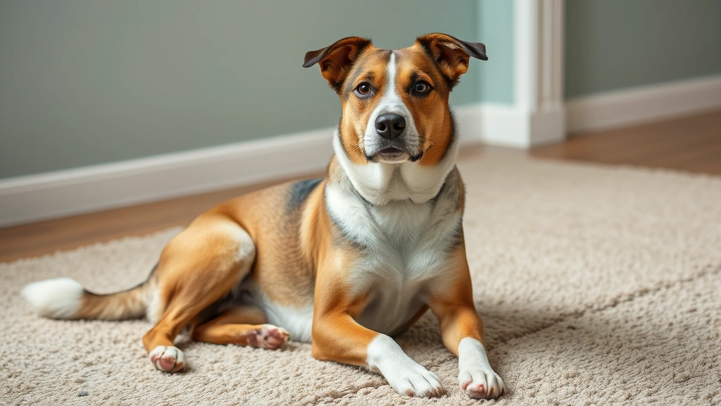 Healthy dog sitting comfortably on carpet, alert expression, clean appearance, well-groomed coat, showing comfort and good health