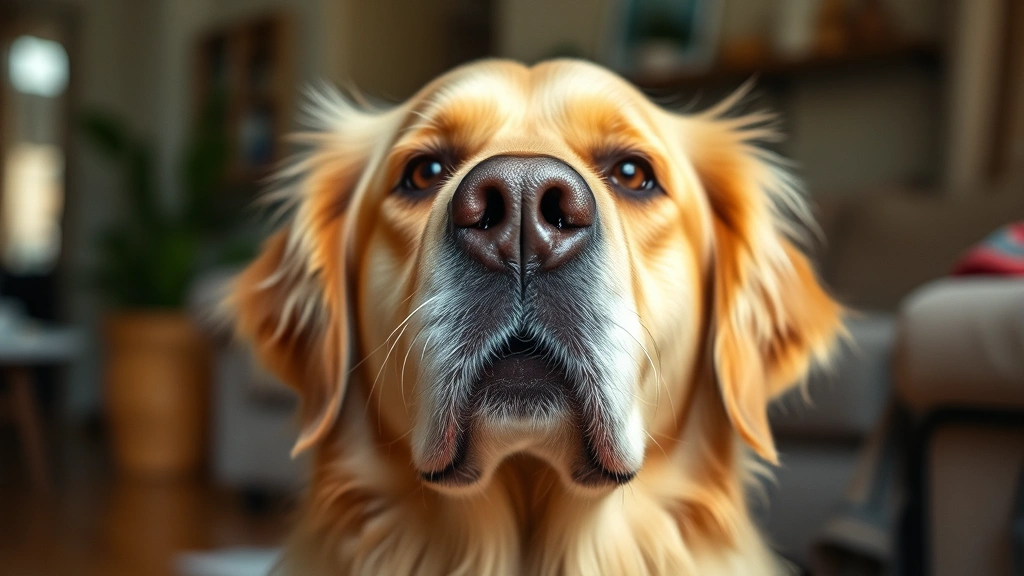 Golden retriever showing signs of nausea with concerned expression, indoor home setting, photorealistic, close-up of dog's face