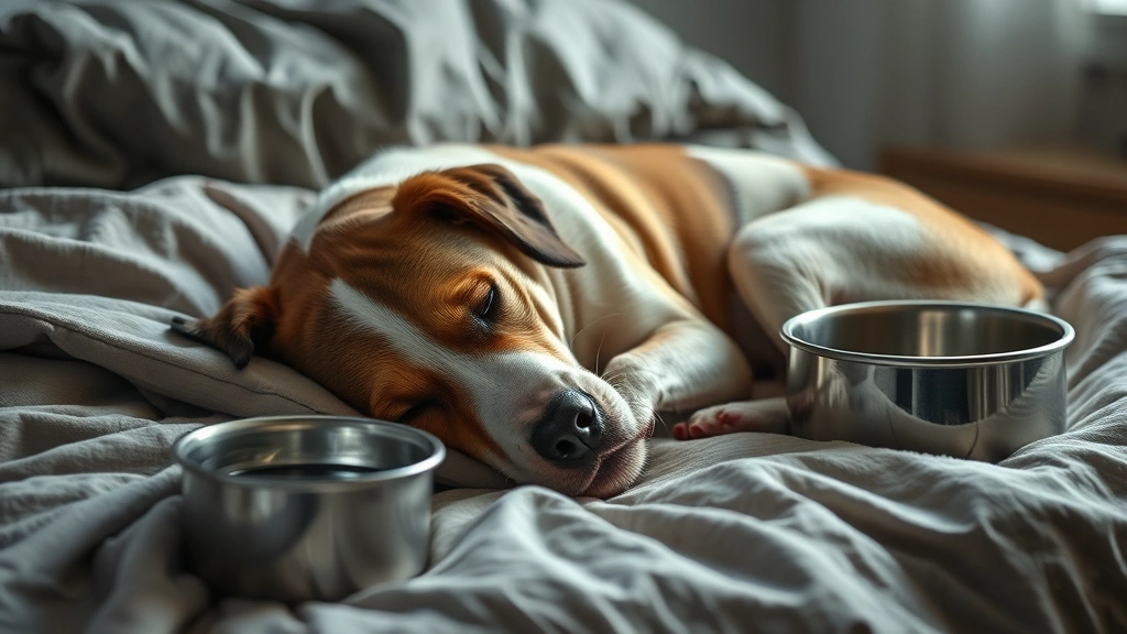Sick dog resting on comfortable bed with water bowl nearby, peaceful recovery environment, photorealistic, soft natural lighting