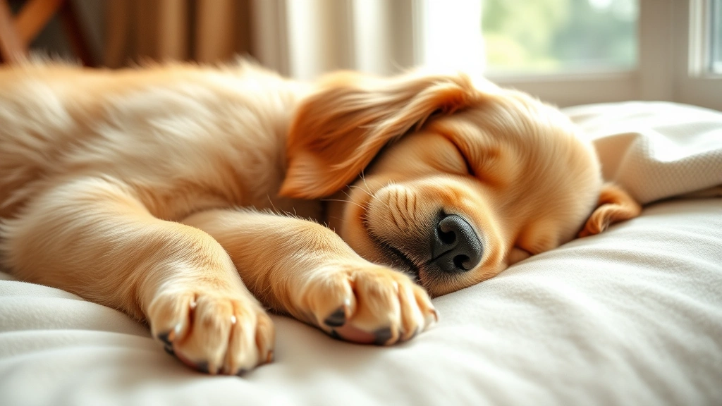 Golden Retriever puppy sleeping peacefully on soft bed, paws twitching mid-dream, face relaxed with slight smile, warm natural lighting from window