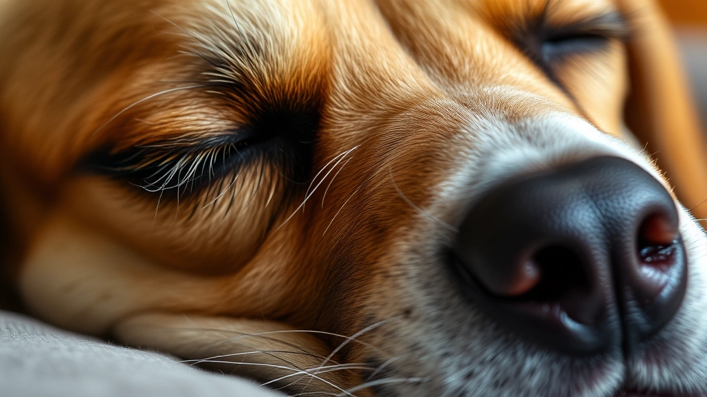 Close-up of dog's face during sleep, eyes closed with rapid eye movement visible beneath lids, whiskers and nose area showing gentle twitching, calm expression