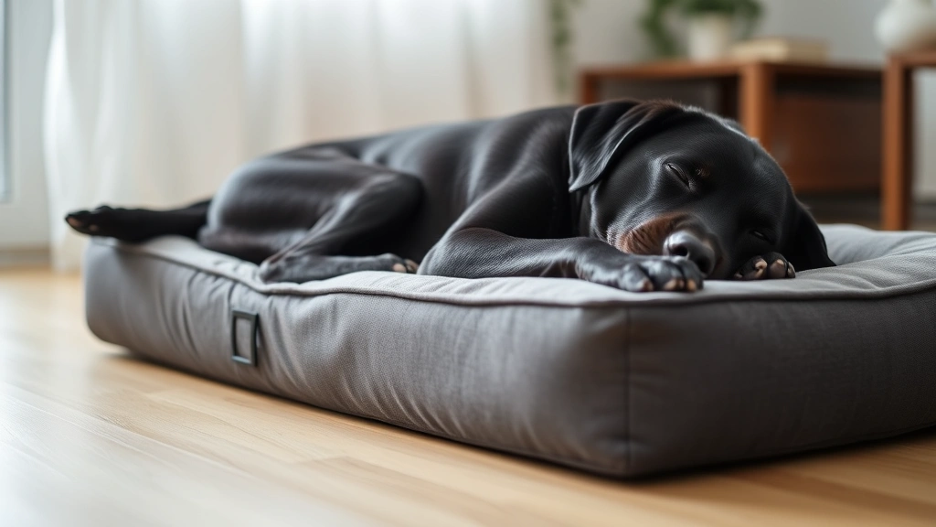 Senior black Labrador sleeping on orthopedic dog bed in quiet room, body relaxed with one hind leg extended in paddling motion, peaceful home environment