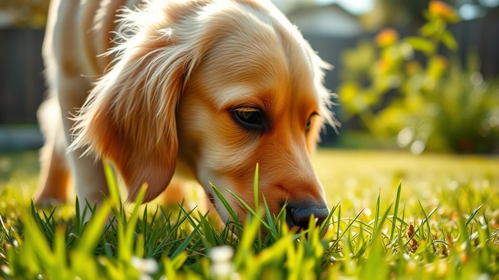 Close-up of a golden retriever sniffing grass in a sunny backyard, showing curiosity and natural dog behavior with soft focus background