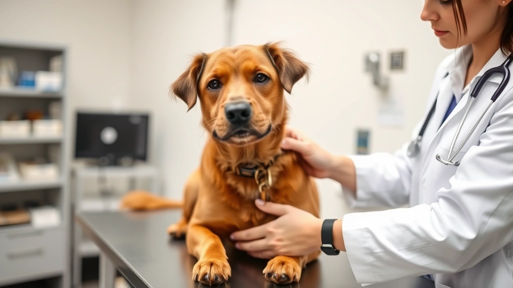Veterinarian examining a medium-sized brown dog on examination table during wellness check, professional clinic setting with natural lighting