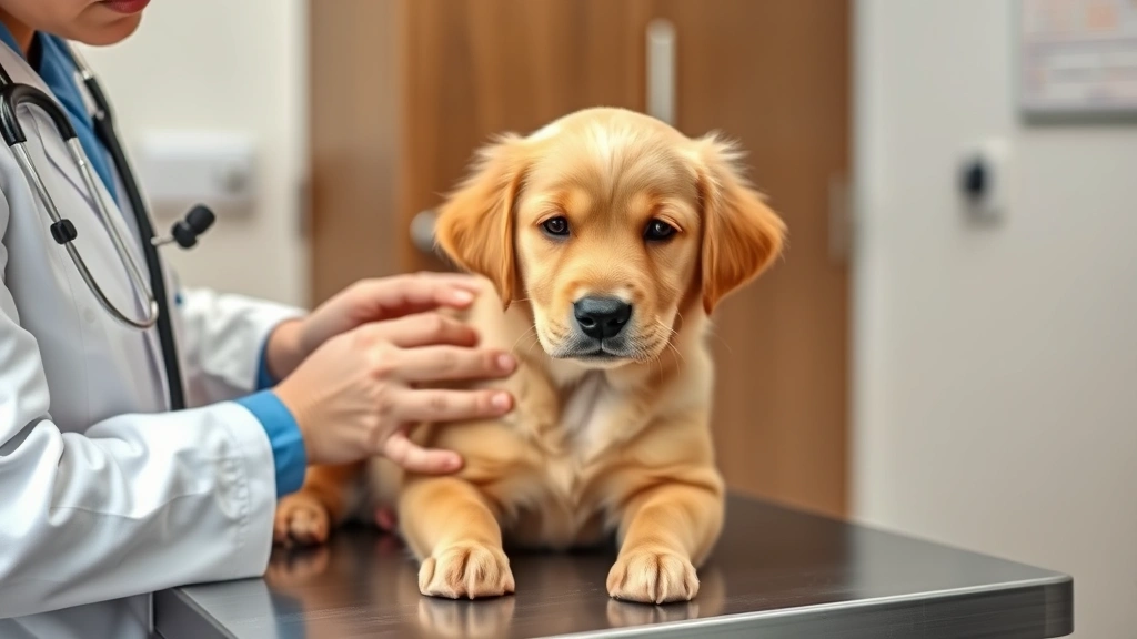 Veterinarian examining golden retriever puppy on examination table, stethoscope visible, professional clinic setting, reassuring interaction