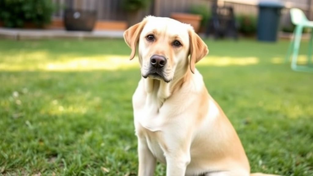 Yellow Labrador sitting outdoors on grass looking at camera, natural daylight, healthy coat, alert posture, backyard setting