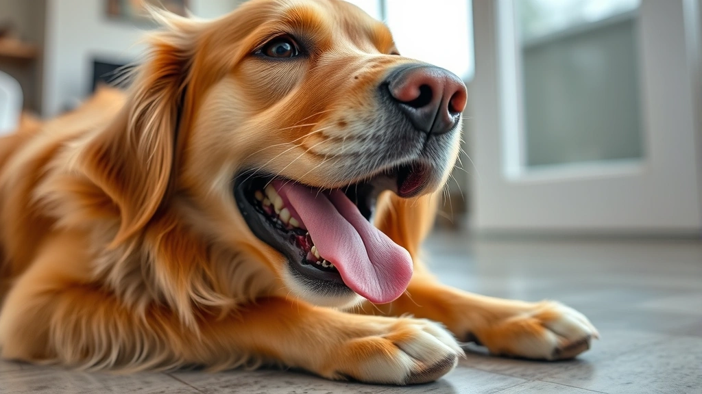 Close-up of female golden retriever's face showing open mouth and tongue out, panting heavily while lying down indoors on cool floor, focused eyes, calm home background