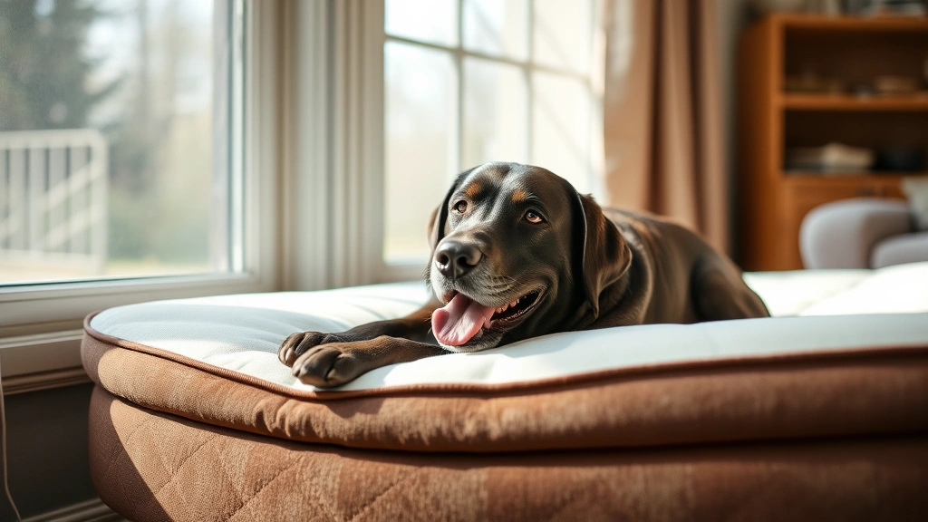 Senior female labrador retriever panting while resting on orthopedic bed by window, graying muzzle visible, comfortable home setting, natural daylight
