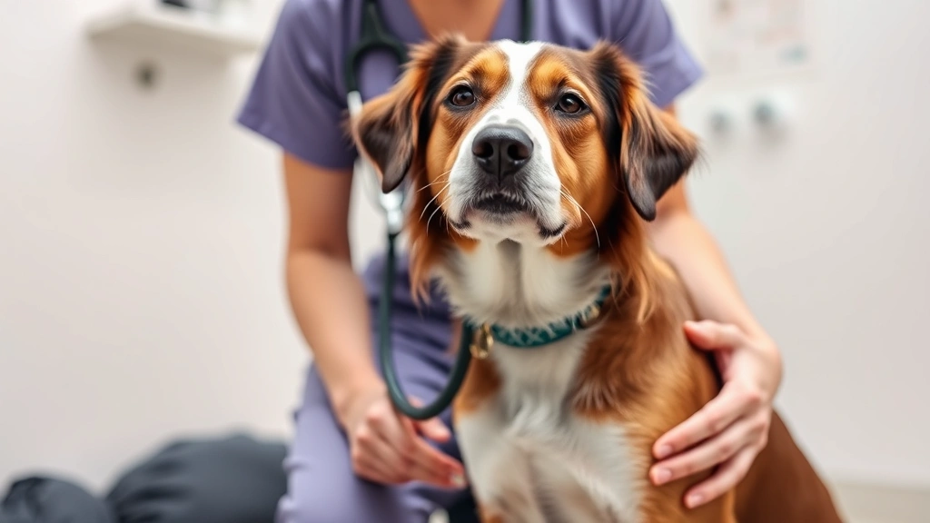 Female dog at veterinary clinic during examination, vet listening to chest with stethoscope while dog sits calmly, professional medical setting, caring interaction