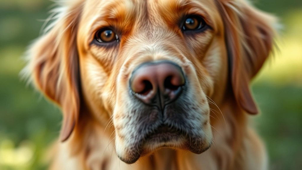 Close-up of golden retriever's face showing concerned expression, soft natural lighting, focused eyes, outdoors with blurred green background