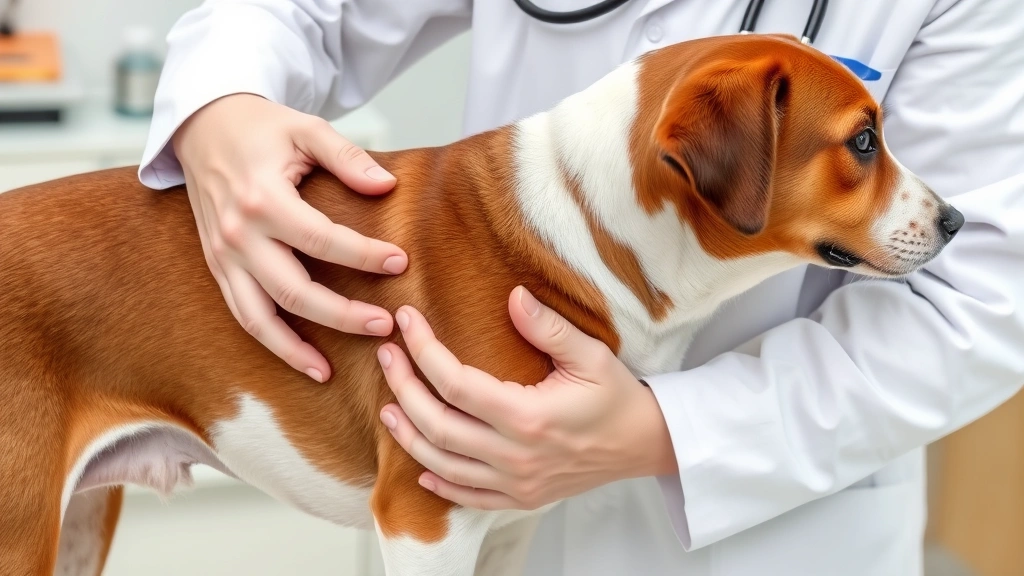 Veterinarian in white coat examining brown and white dog's abdomen with stethoscope, clinical setting, professional medical environment, gentle hands