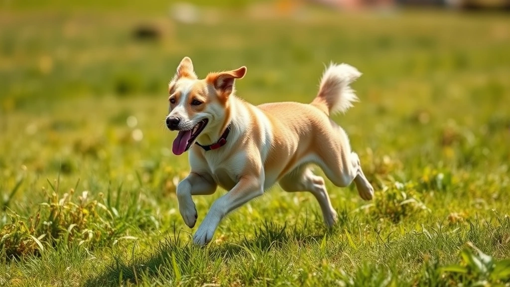 Happy healthy dog running through grassy field with perfect coat and energetic posture, bright sunny day, dog mid-stride showing vitality and wellness