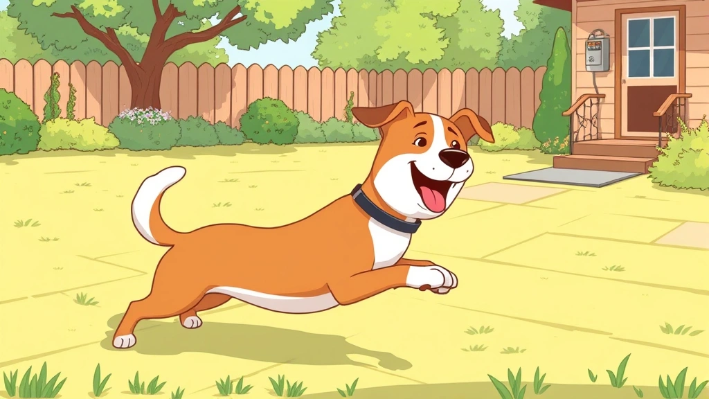 wireless dog fence - Cartoon illustration of a happy dog playing in a sunny backyard with a transmitt