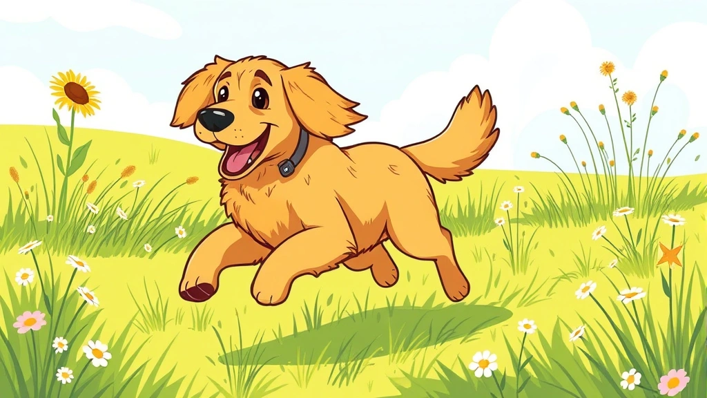 worms in dog poop - Cartoon illustration of a happy golden retriever running through a grassy field