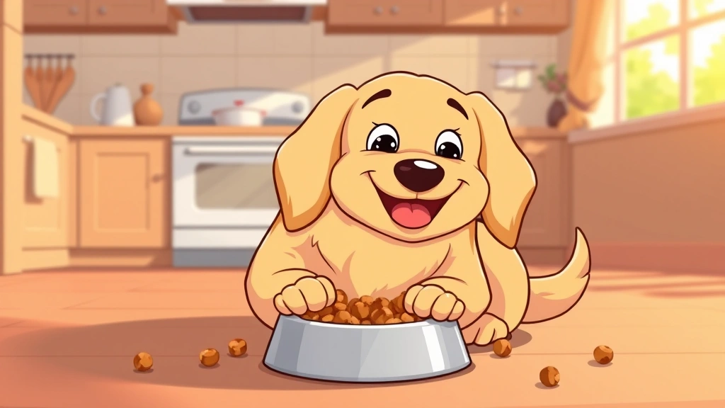 zignature dog food - Cartoon illustration of a happy golden retriever eating from a bowl, with kibble