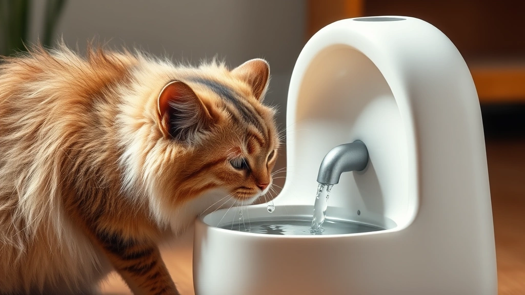 adult cat feeding guide -
Photorealistic image of a fluffy adult cat drinking water from a modern pet wat